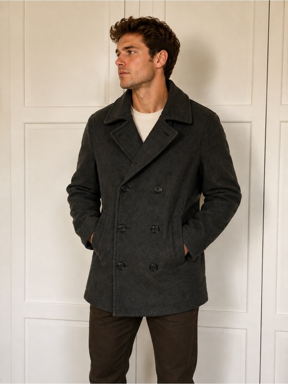 Marc New York Charcoal Black Classic Men's  Wool Peacoat Jacket L
